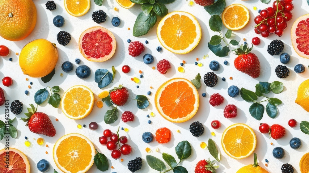 A vibrant arrangement of various fruits and leaves on a light background. A vibrant arrangement of various fruits and leaves on a light background.