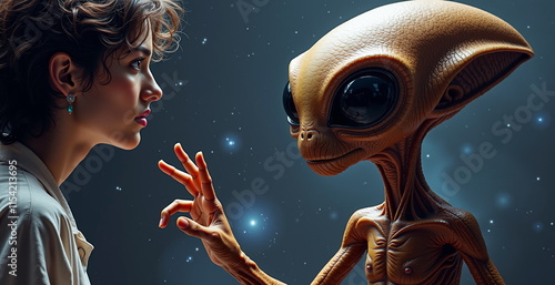 Woman interacting with an alien in a starry background