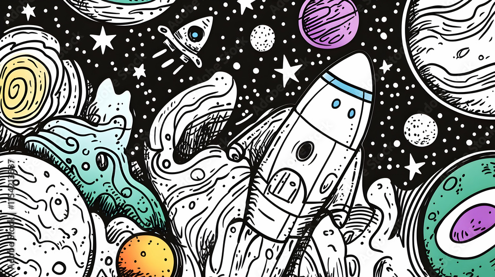 Naklejka premium Rocket launching through colorful nebula, space exploration, cosmic background, kids coloring page.