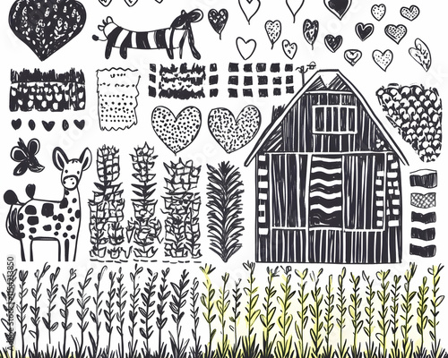 Rustic Farm Animals & Elements Graphic Design Kit; Hand-Drawn Barn, Hearts, Plants; Scrapbooking, Card Making. photo