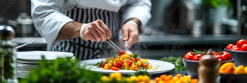 A chef skillfully decorates a vibrant plate of steamed vegetables in a professional kitchen. The dish represents a perfect blend of flavor and presentation. A chef skillfully decorates a vibrant plate of steamed vegetables in a professional kitchen. The dish represents a perfect blend of flavor and presentation.