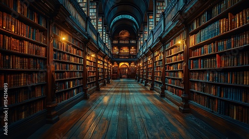 Long Library Hallway Filled With Ancient Books