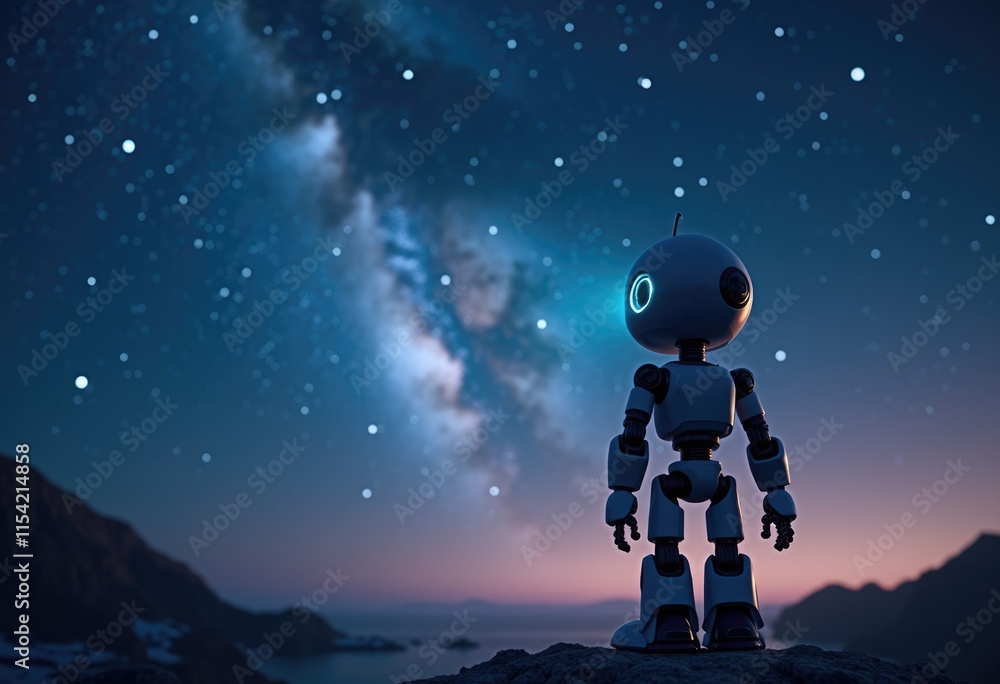 Naklejka premium A robot stands on a cliff gazing at a starry night sky.