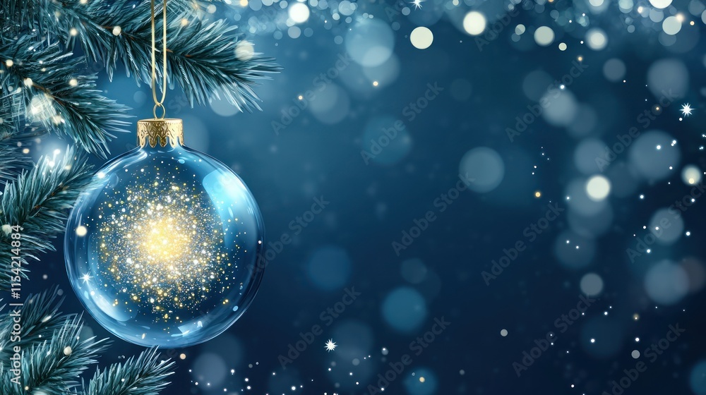 Sparkling Blue Christmas Ornament Hanging On Pine Branch Festive Winter Background Sparkling Blue Christmas Ornament Hanging On Pine Branch Festive Winter Background