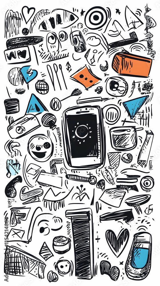 Smartphone surrounded by hand-drawn digital icons, social media symbols, and communication elements on white background; website, app design.