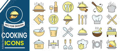 Cooking icon, kitchen, restaurant icon, vector set. Line lion of kitchen, Cooking, restaurant. Meal, cooking, menu, restaurant, food delivery, fast food and dinner icons. Vector illustration.