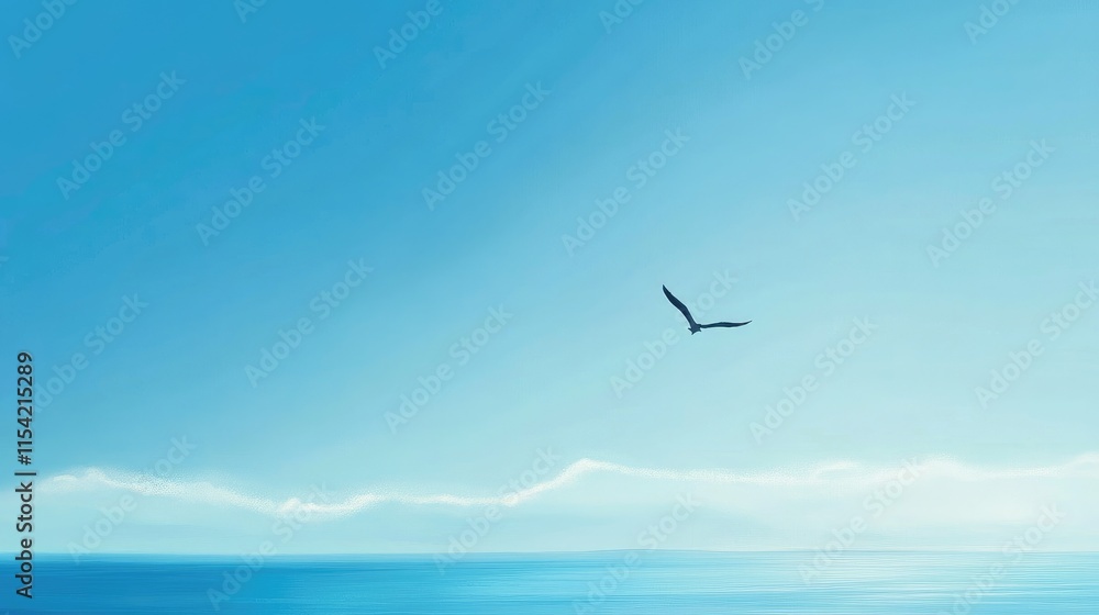 Serene Seascape with a Single Bird Flying Over Calm Waters Serene Seascape with a Single Bird Flying Over Calm Waters