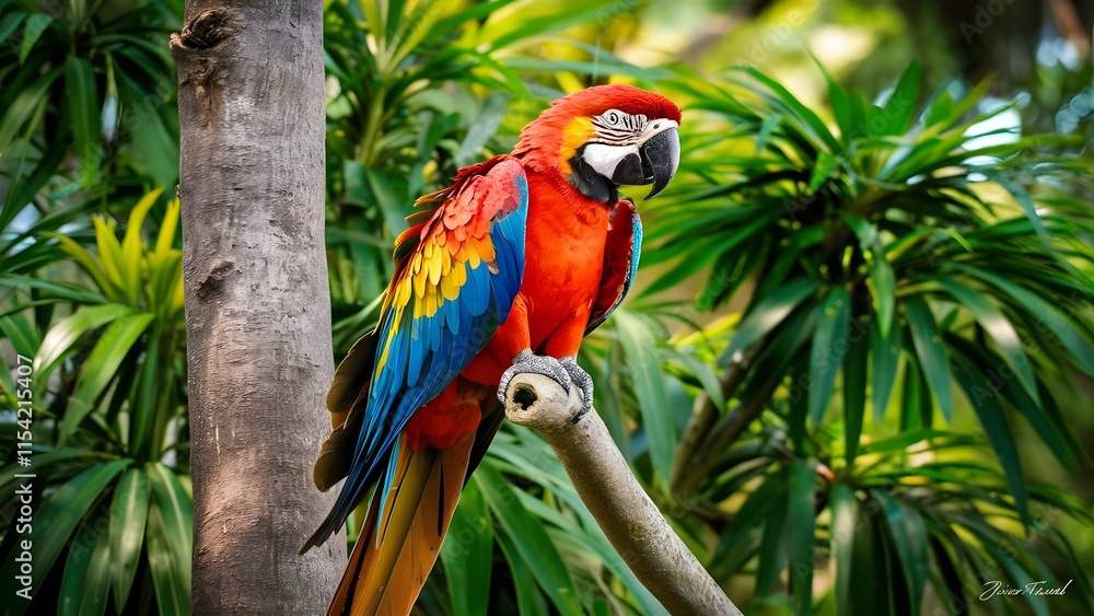 Vibrant macaw perches backwards on a curved tree branch, its bright blue and yellow feathers glistening in the sunlight, a whimsical tropical scene unfolds Vibrant macaw perches backwards on a curved tree branch, its bright blue and yellow feathers glistening in the sunlight, a whimsical tropical scene unfolds