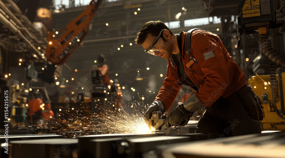 A worker focuses intently while using a power tool to cut metal in a bustling industrial workshop filled with machinery and sparks. The atmosphere is energetic and industrious. A worker focuses intently while using a power tool to cut metal in a bustling industrial workshop filled with machinery and sparks. The atmosphere is energetic and industrious.