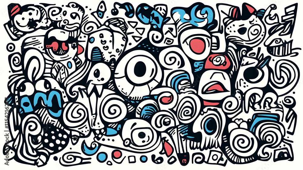 Fototapeta premium Whimsical doodle art background design, colorful monsters & swirls, digital illustration, website banner.