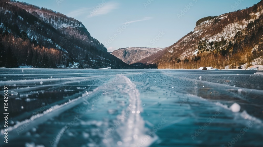 Naklejka premium Frozen lake between snow-capped mountains.
