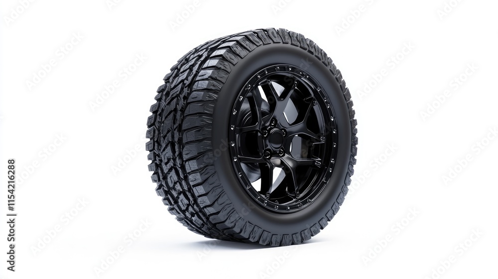 Black Off-Road Tire with Aggressive Tread Design on White Background Black Off-Road Tire with Aggressive Tread Design on White Background