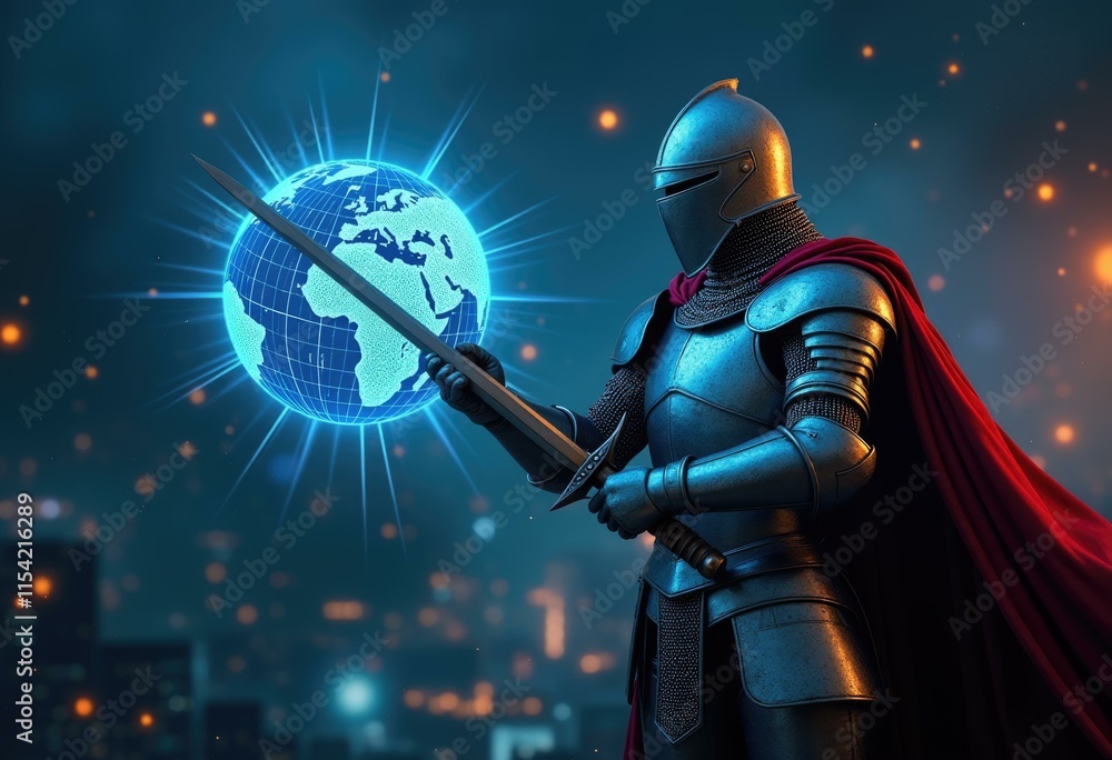 Naklejka premium A knight in full armor wielding a sword with a glowing globe in the background.