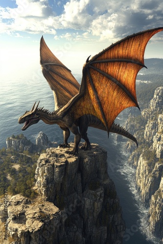 A majestic dragon with large wings perched on a cliff overlooking the ocean. photo