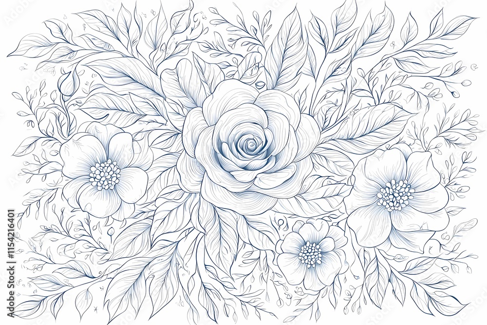Obraz premium Elegant Hand-Drawn Floral Illustration with Roses and Leaves