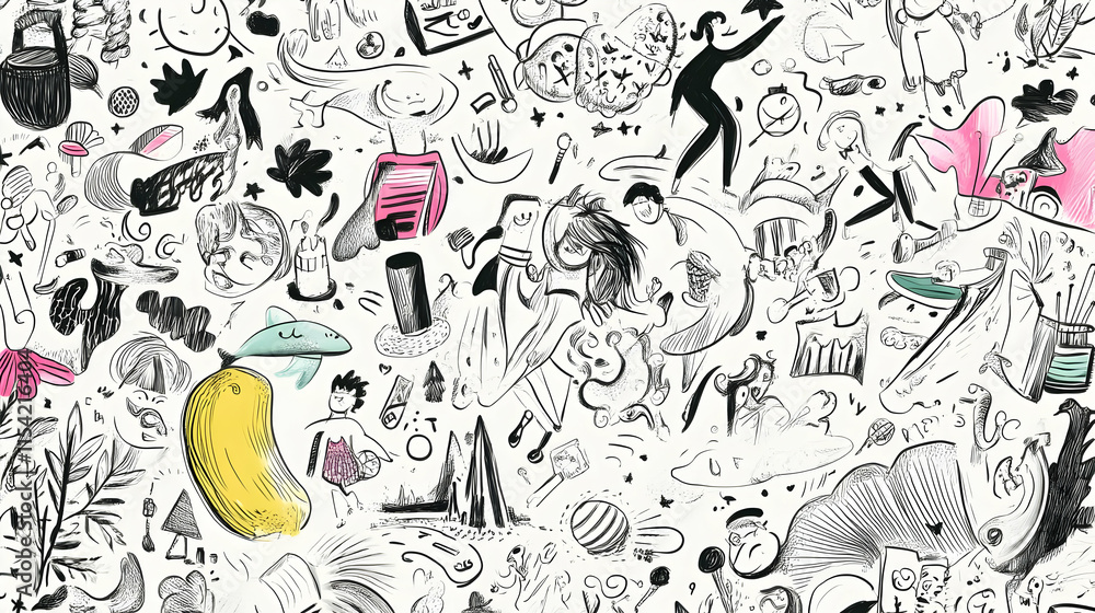 Fototapeta premium Whimsical Doodle Background Diverse Characters, Objects, and Nature Scenes.