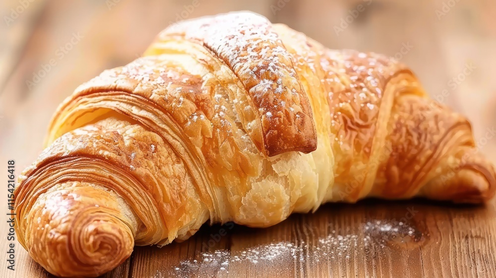 Buttery croissant dusted with powdered sugar on wood. Buttery croissant dusted with powdered sugar on wood.