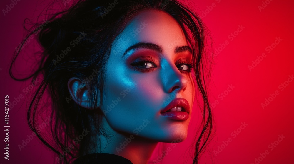 Naklejka premium Dramatic portrait of a woman with neon lighting