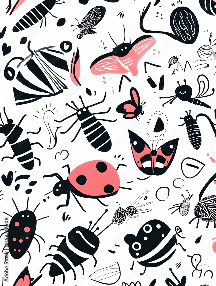 Whimsical insect illustrations, nature background, textile design. Whimsical insect illustrations, nature background, textile design.