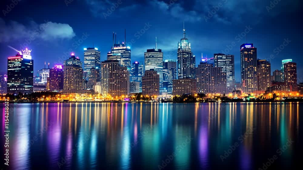 Urban skyline illuminated at night reflecting in calm waters under a twilight sky Urban skyline illuminated at night reflecting in calm waters under a twilight sky