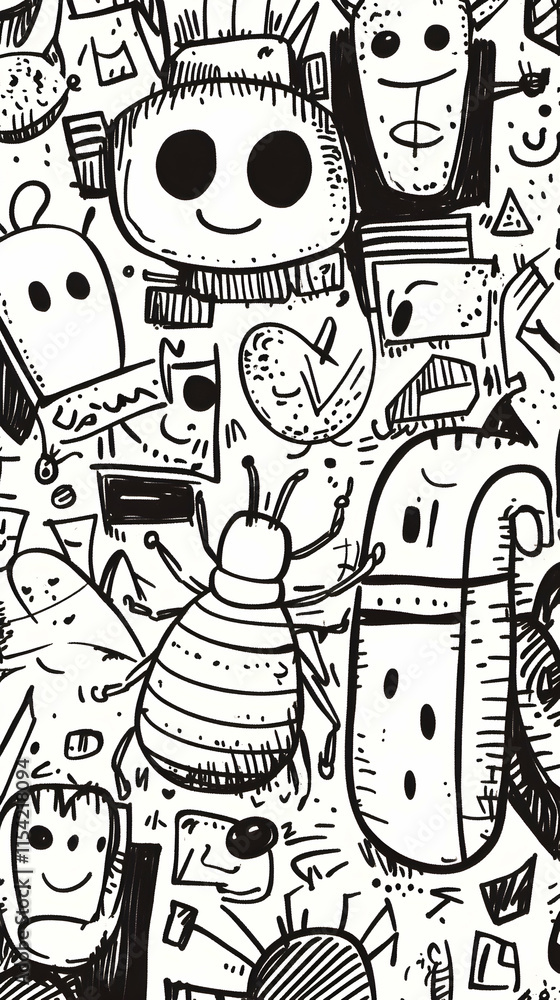 Whimsical robot doodle pattern background, playful characters, design element, textile print. Whimsical robot doodle pattern background, playful characters, design element, textile print.