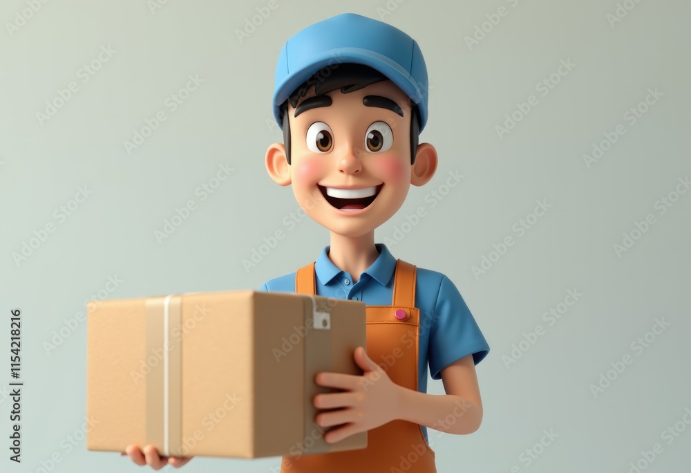 A smiling cartoon delivery man holds a package. A smiling cartoon delivery man holds a package.