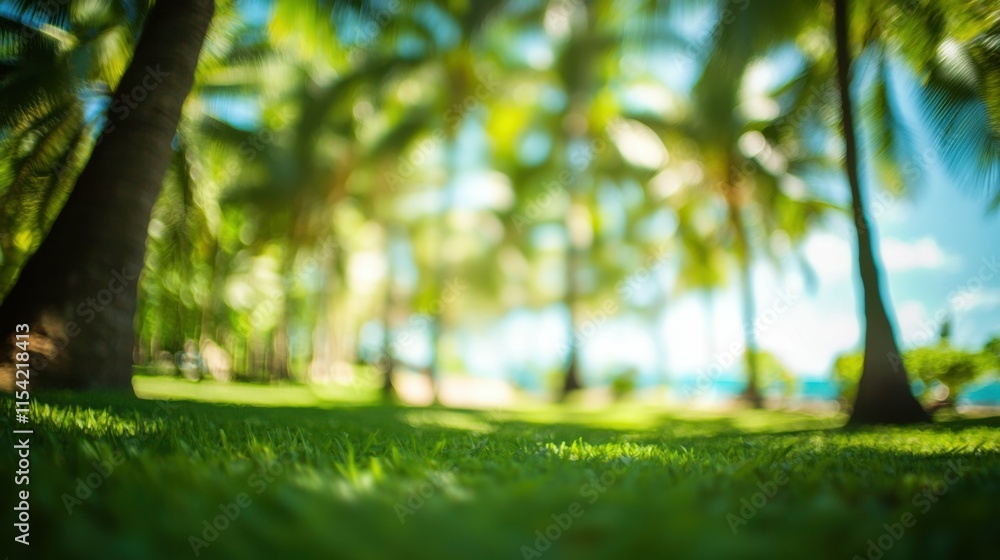 Fototapeta premium Blur nature bokeh green park by beach and tropical coconut trees