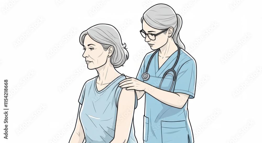 Nurse assisting elderly woman with shoulder examination Nurse assisting elderly woman with shoulder examination