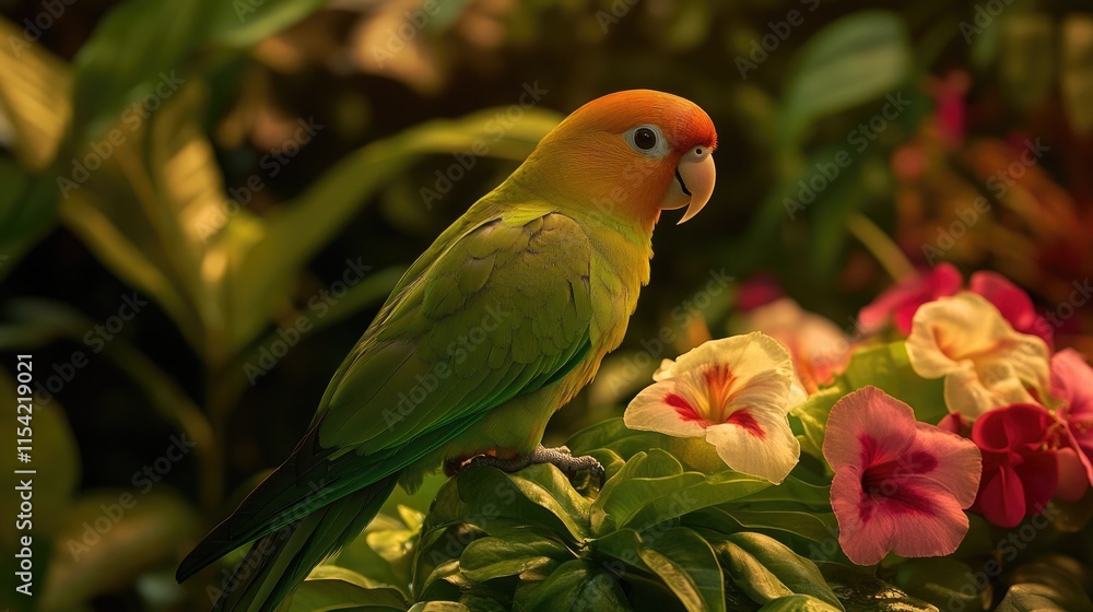 Vibrant Parrot Perched Among Colorful Flowers in Lush Garden Vibrant Parrot Perched Among Colorful Flowers in Lush Garden