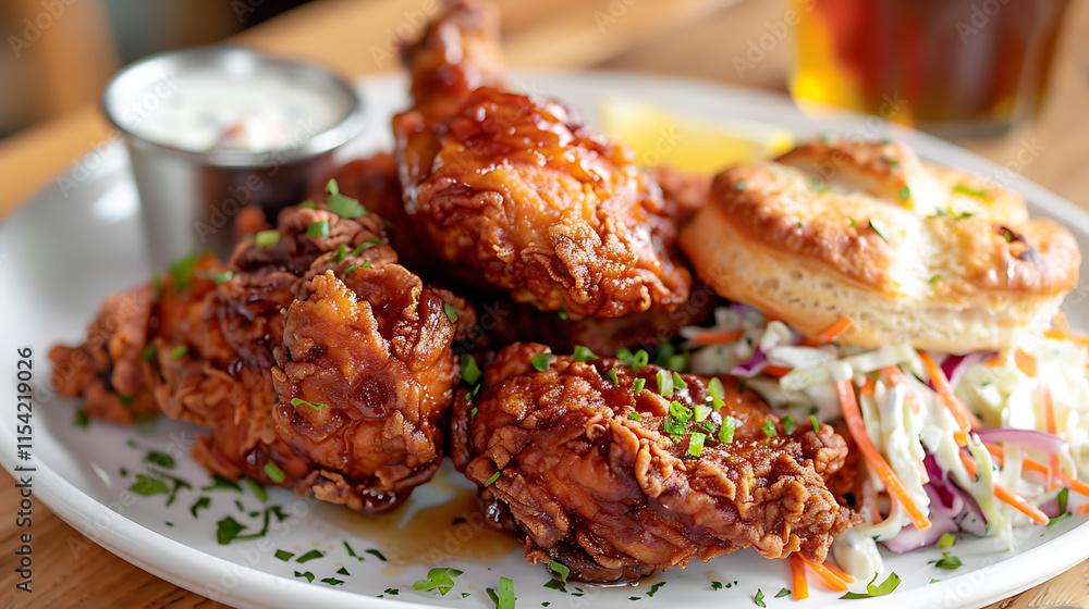 A serving of crispy fried chicken and salad A serving of crispy fried chicken and salad