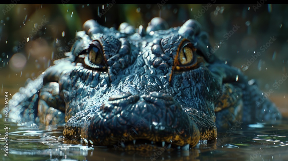 Close-up of a crocodile's head emerging from murky water, rain droplets visible. Close-up of a crocodile's head emerging from murky water, rain droplets visible.