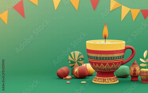 A unity cup (Kikombe cha Umoja) filled with water, surrounded by Kwanzaa symbols, on a soft green background photo