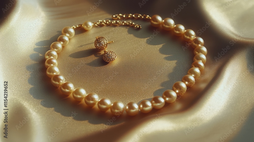 Elegant Gold Pearl Necklace and Earrings on Satin Background Elegant Gold Pearl Necklace and Earrings on Satin Background