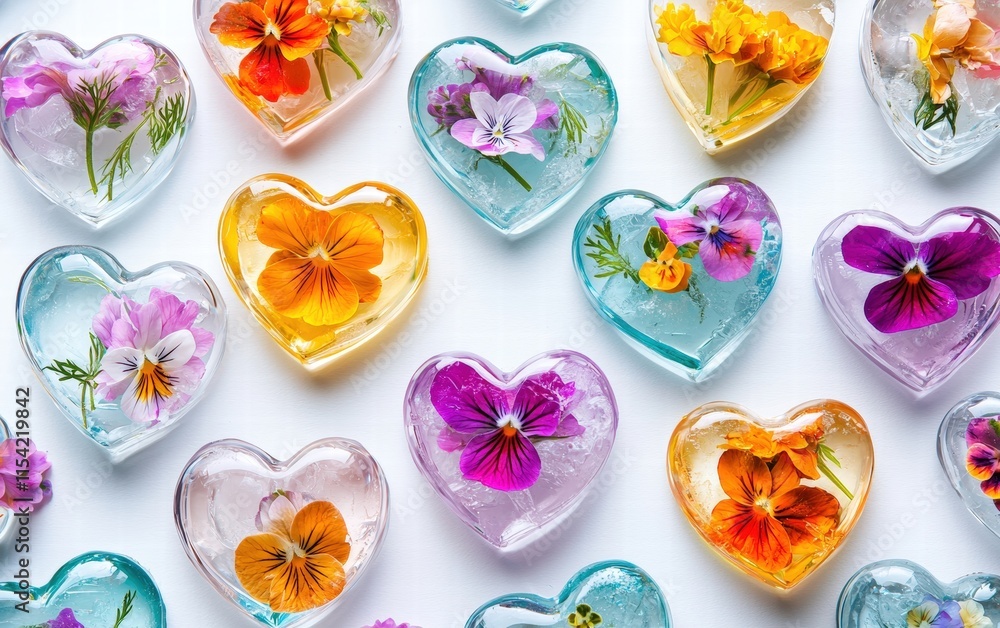 A vibrant arrangement of heart-shaped ice cubes with edible flowers frozen inside, on a bright white background A vibrant arrangement of heart-shaped ice cubes with edible flowers frozen inside, on a bright white background