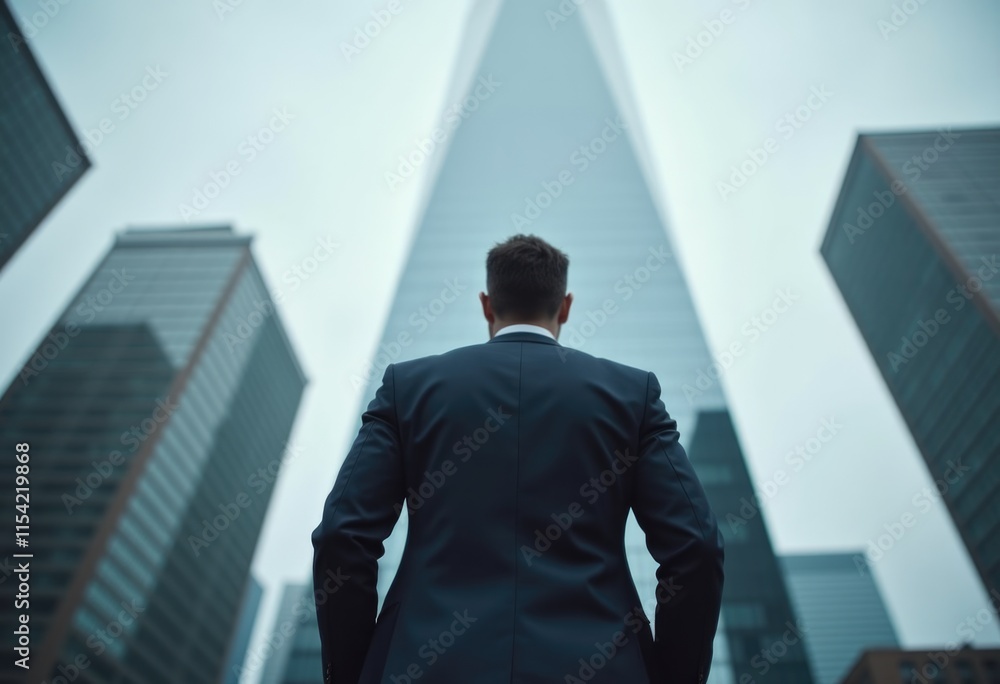 Fototapeta premium A businessman in a suit stands in front of a tall skyscraper in the city.