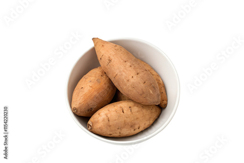 Organic Sweet Potatoes - Harvested Root Vegetables in a White Bowl photo