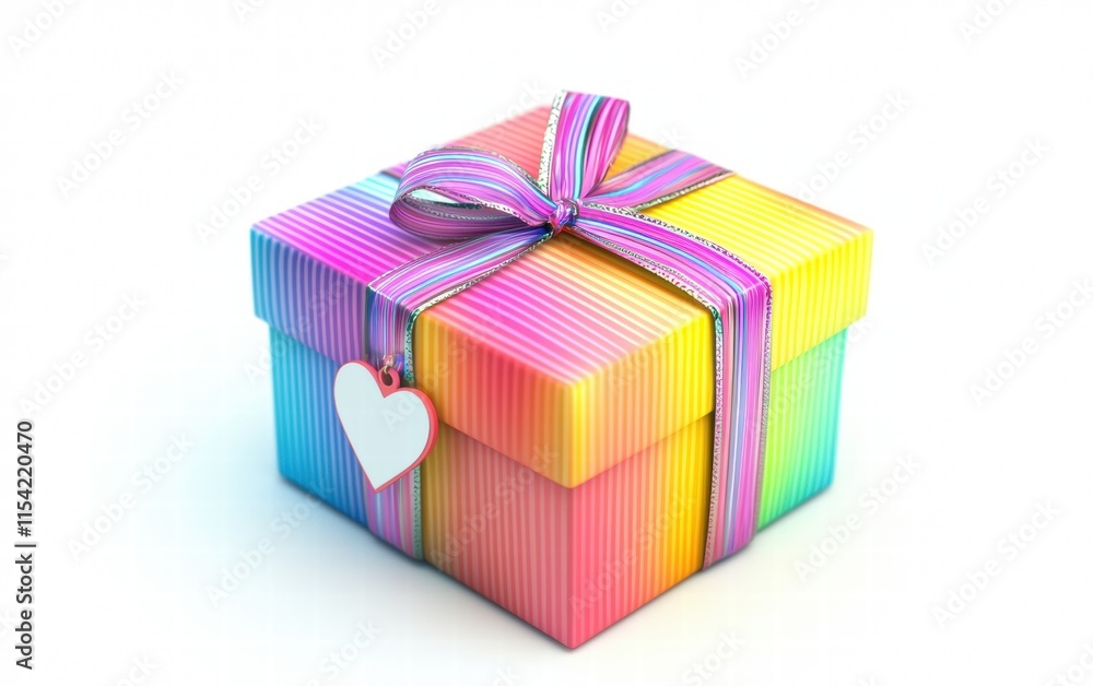 A vibrant ribbon-wrapped gift box with a heart tag, perfect for valentines day, isolated on a bright white background A vibrant ribbon-wrapped gift box with a heart tag, perfect for valentines day, isolated on a bright white background