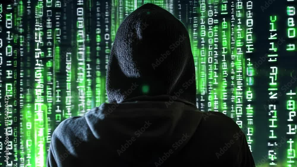 A hooded hacker figure sits in front of a computer screen displaying lines of code A hooded hacker figure sits in front of a computer screen displaying lines of code