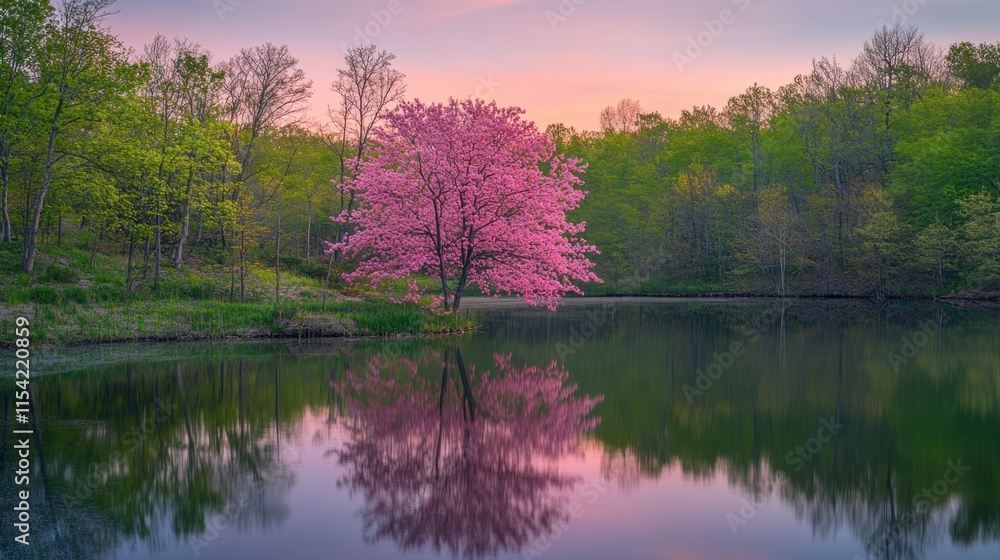 Serene Pink Cherry Blossom Tree Reflected in Calm Lake at Sunset Serene Pink Cherry Blossom Tree Reflected in Calm Lake at Sunset
