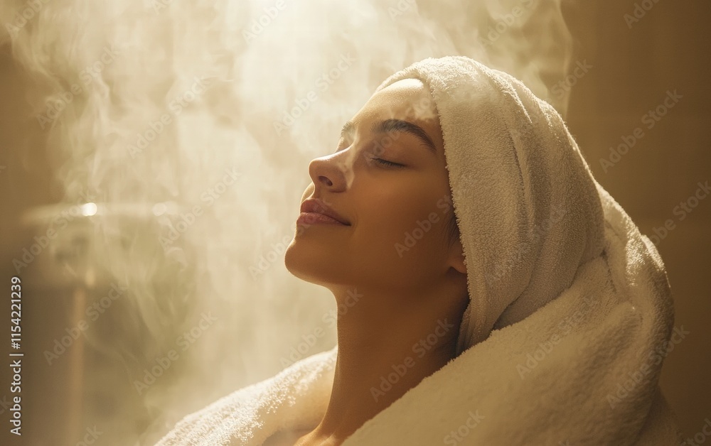 Fototapeta premium A young woman relaxing in a sauna, wrapped in a white towel, with soft steam surrounding her serene face