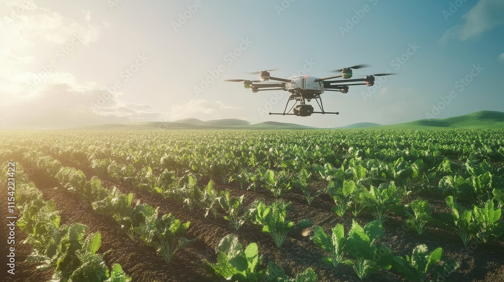 A drone hovers above a vibrant crop field under bright daylight, showcasing the power of technology in modern agriculture. The expansive green fields suggest growth and innovation in farming.. AI A drone hovers above a vibrant crop field under bright daylight, showcasing the power of technology in modern agriculture. The expansive green fields suggest growth and innovation in farming.. AI