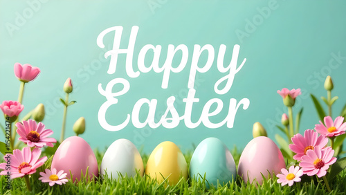 Obraz na płótnie Easter decorations border with white Handwriting thin Letters Happy Easter over Easter background with bunnies, eggs and flowers w salonie