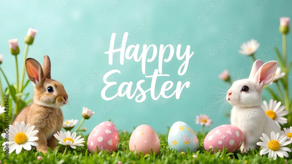Easter decorations border with white Handwriting thin Letters Happy Easter over Easter background with bunnies, eggs and flowers