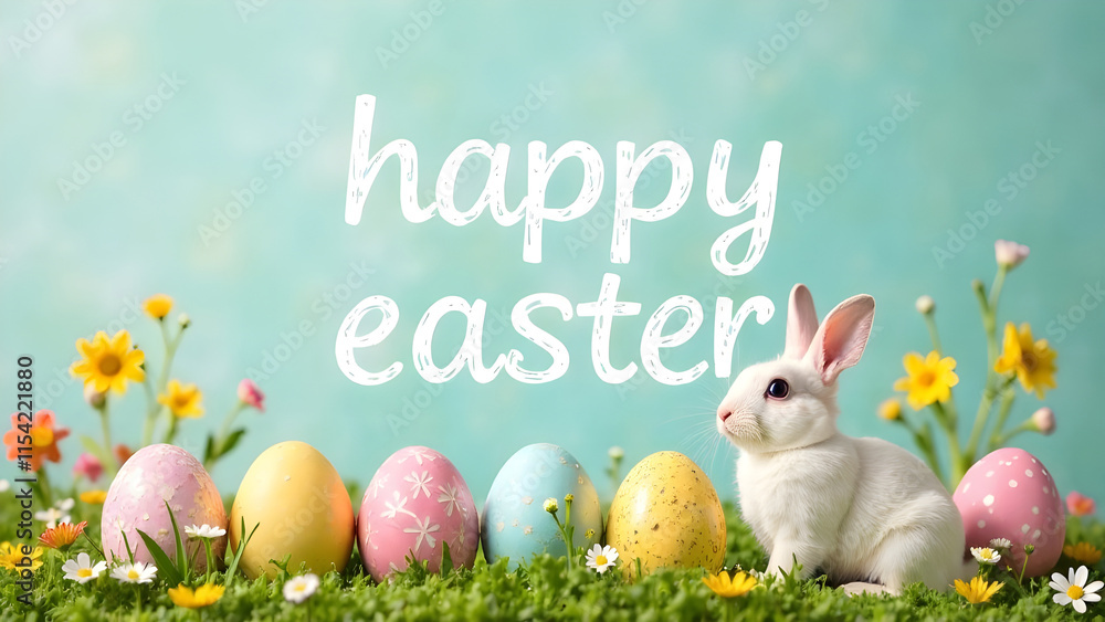 Easter decorations border with white Handwriting thin Letters Happy Easter over Easter background with bunnies, eggs and flowers