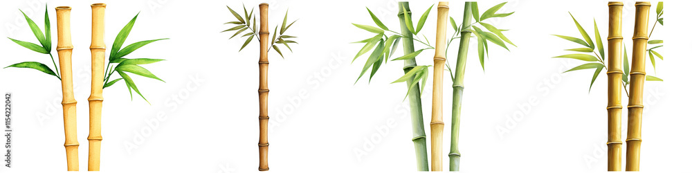 Chinese New Year luck and gold watercolor, A collection of bamboo stalks featuring varying heights and leaf arrangements, showcasing their lush greenery and natural texture. Chinese New Year luck and gold watercolor, A collection of bamboo stalks featuring varying heights and leaf arrangements, showcasing their lush greenery and natural texture.
