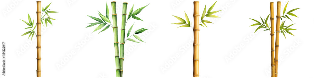 Fototapeta premium Chinese New Year luck and gold watercolor, A collection of bamboo stalks displaying varying colors and leaf arrangements, showcasing the plant's diversity and natural beauty.