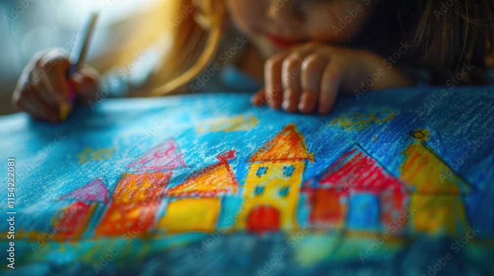 Fototapeta premium Child drawing colorful houses on paper.
