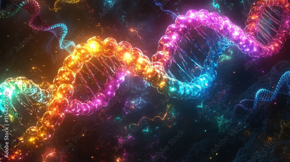 Vibrant depiction of DNA strands in a cosmic environment. Vibrant depiction of DNA strands in a cosmic environment.