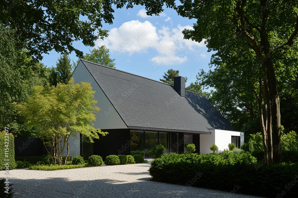 A stunning front view of an architecturally designed home in the suburban Melbourne area, showcasing its modern design and high-quality materials. The house features large windows with black frames. A stunning front view of an architecturally designed home in the suburban Melbourne area, showcasing its modern design and high-quality materials. The house features large windows with black frames.