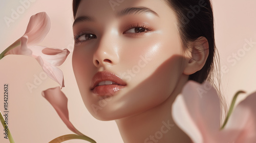 Close-Up of Beautiful Woman with Flawless Skin and Flowers in Soft Lighting, Ideal for Skincare, Beauty, Natural Cosmetics, and Wellness Brand Advertising. photo